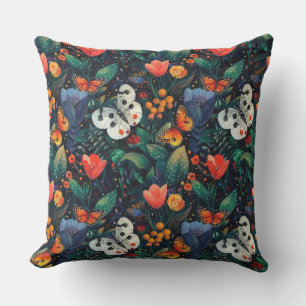 Coussin Fleurs vintages de peinture botanique, feuille, br