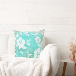 Coussin Fleurs vintages Turquoise Blanches