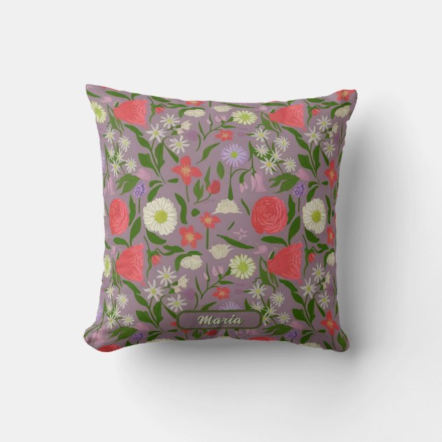 Coussin Fleurs Violettes Blanches Et Roses (Recto)