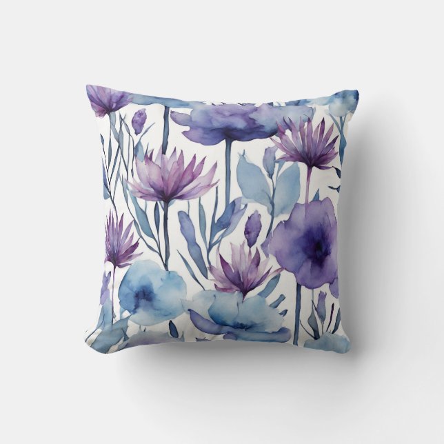 Coussin Fleurs Violettes Et Bleues Aquarelle Design Floral (Recto)