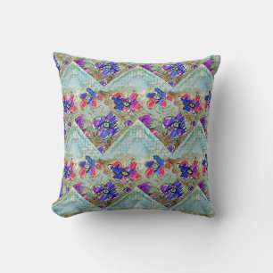 Coussin Fleurs violettes et bleues Carrés Zigzags