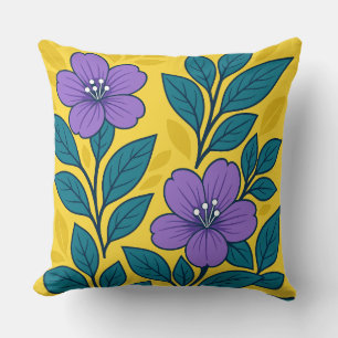 Coussin Fleurs violettes et feuilles sarcelles sur fond ja