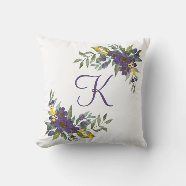Coussin Fleurs violettes et jaunes monogrammées (Recto)