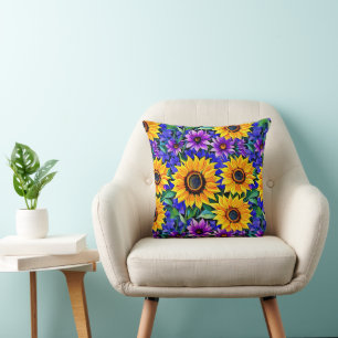 Coussin Fleurs violettes et tournesols jaunes Floral