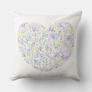 Coussin Fleurs violettes lavande et jaunes Cœur Amour