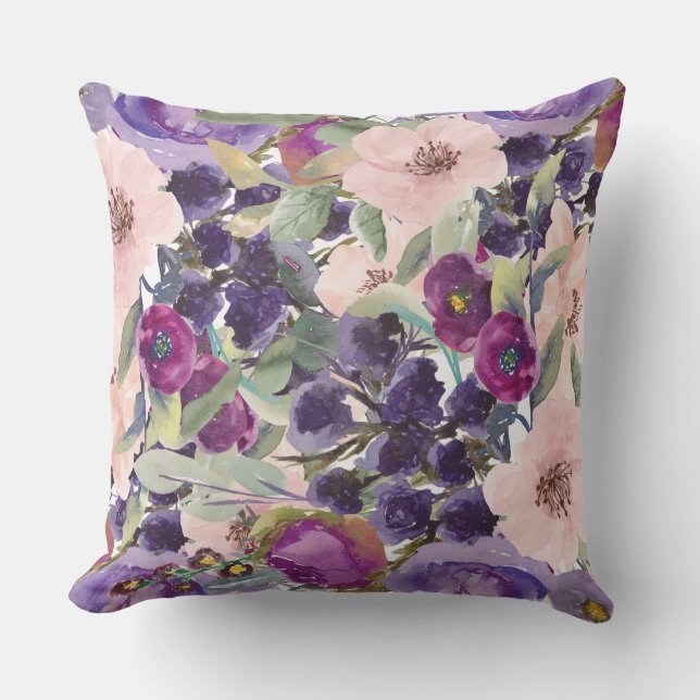 Coussin Fleurs violettes rose pâle Boho Botanical (Recto)
