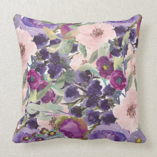 Coussin Fleurs violettes rose pâle Boho Botanical