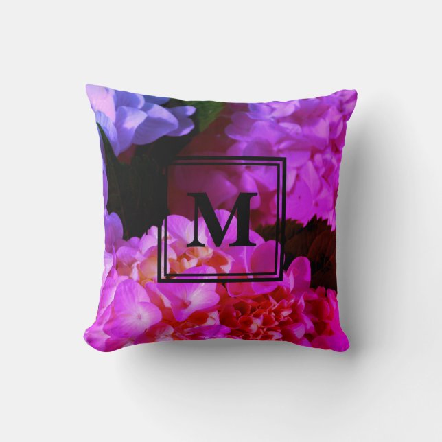 Coussin Fleurs violettes roses chaudes florales hydrangées (Recto)