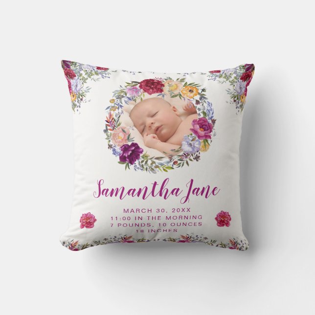 Coussin Fleurs Violettes & Rouges Aquarelle Photo de Bébé (Recto)