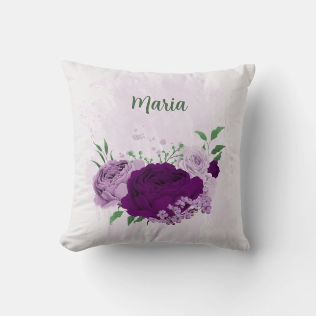 Coussin fleurs violettes verdure (Recto)