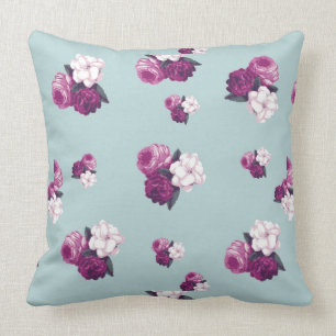 Coussin Fleurs violettes Vintages sur l'oreiller bleu clai