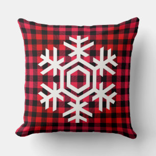 Coussin Flocon de neige blanc sur motif tartan rouge chaud