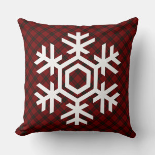Coussin Flocon de neige blanc sur un motif tartan rouge cl