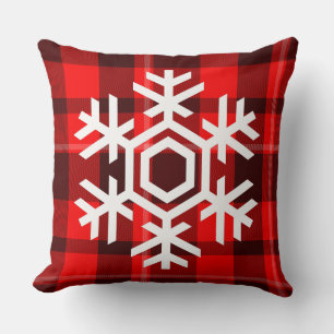 Coussin Flocon de neige blanc sur un motif tartan rouge cl