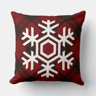 Coussin Flocon de neige blanc sur un Motif tatan rouge de