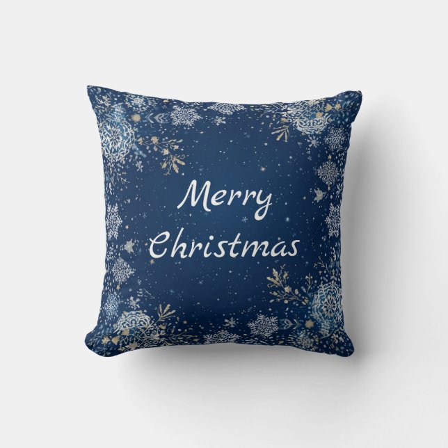 Coussin Flocon de Neige de Noël Bleu Blanc Or (Recto)