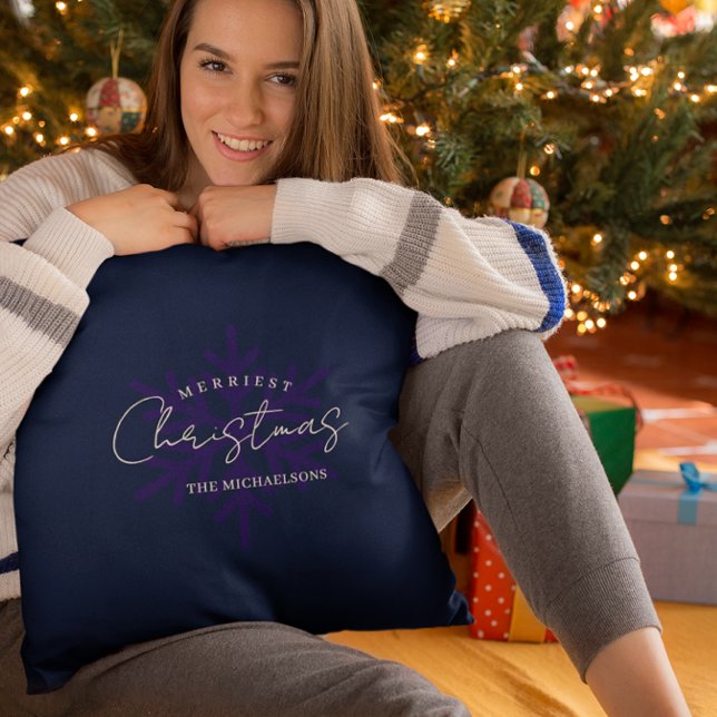 Coussin Flocon de neige de Noël le plus joyeux bleu marine (Créateur téléchargé)