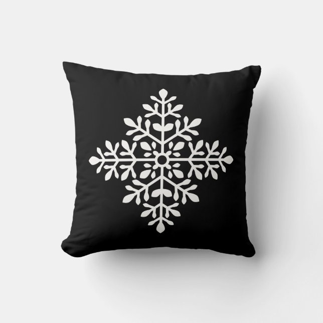 Coussin Flocon de neige décoratif blanc sur fond noir (Recto)