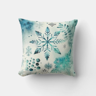 Coussin Flocon de neige d'hiver Turquoise et Noël blanc