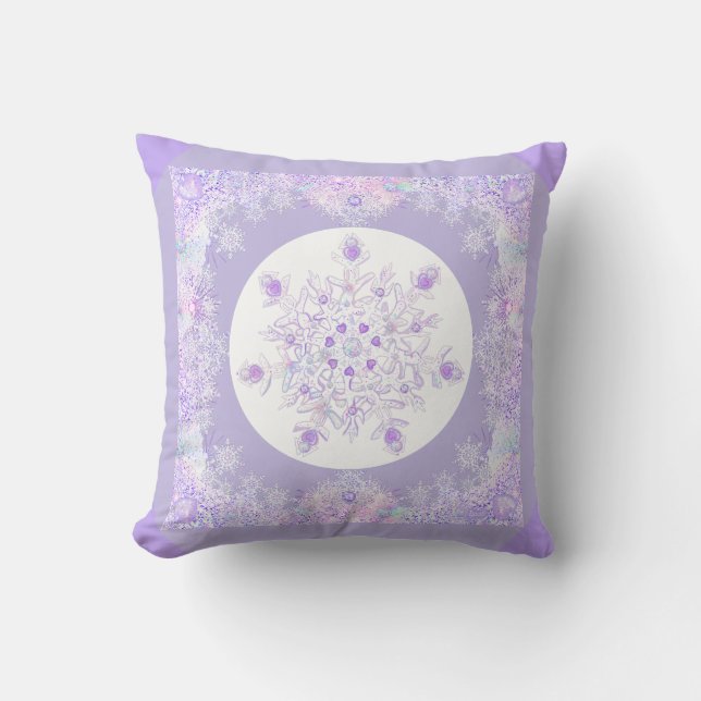 Coussin flocon de neige violet clair et coeur étincelant (Recto)