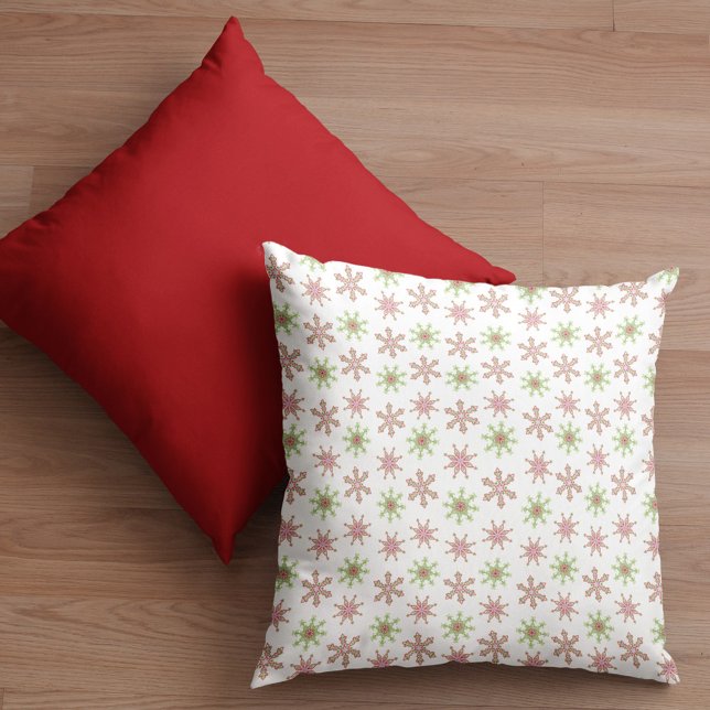 Coussin Flocon rouge et vert de Noël (Christmas winter colorful red and green snowflake pattern throw pillow)