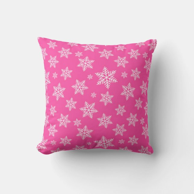 Coussin Flocons blancs sur motif d'hiver rose (Recto)
