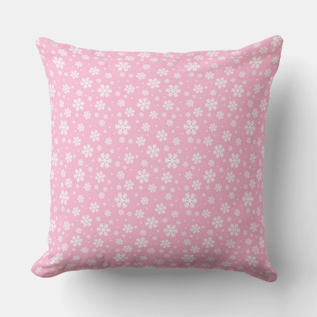 Coussin Flocons blancs sur motif d'hiver rose clair (Recto)