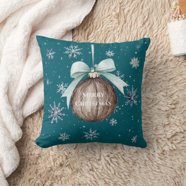Coussin Flocons de neige bleu sarcelle Noël coco avec noeu (Couverture)