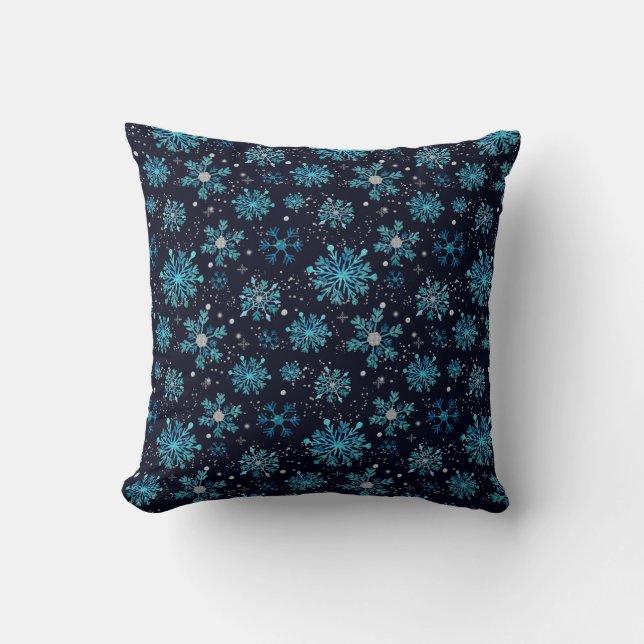 Coussin Flocons de neige bleus et argentés d'hiver (Recto)