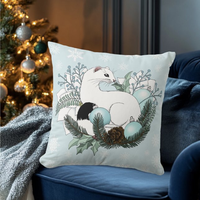 Coussin Flocons de neige de Noël bleu Ermine blanche  (Créateur téléchargé)
