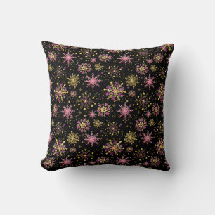 Coussin Flocons de neige d'hiver en or et noir