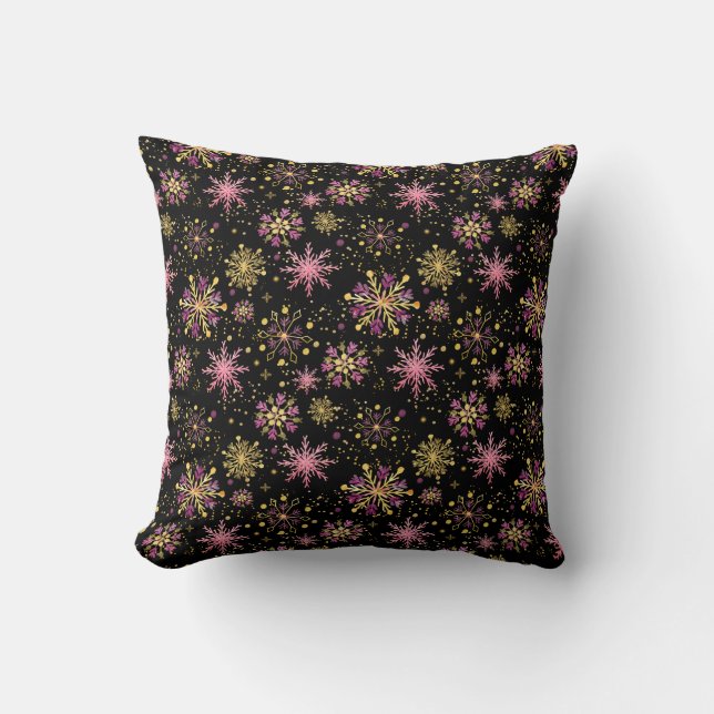 Coussin Flocons de neige d'hiver en or et noir (Recto)
