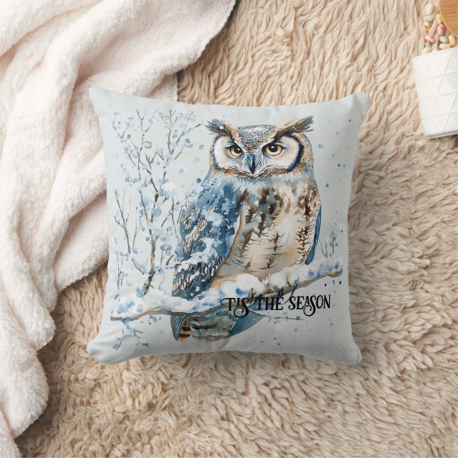 Coussin Flocons de neige d'hiver Noël Hibou Bleu (Couverture)