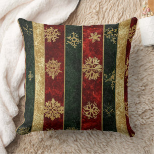 Coussin Flocons de neige dorés de Noël rayures rouges et v