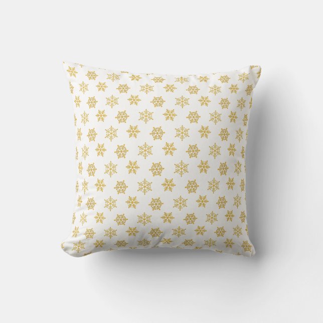 Coussin Flocons de neige dorés élégants sur fond blanc (Recto)