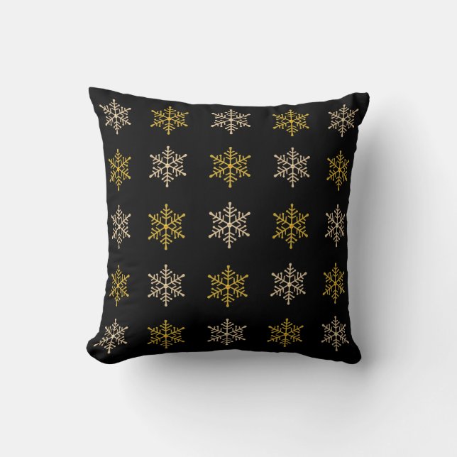 Coussin Flocons de neige dorés élégants sur fond noir (Recto)