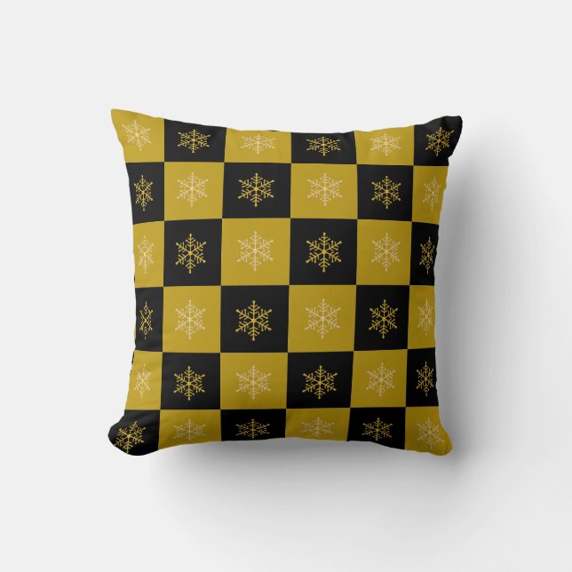Coussin Flocons de neige élégants sur fond doré et noir (Recto)