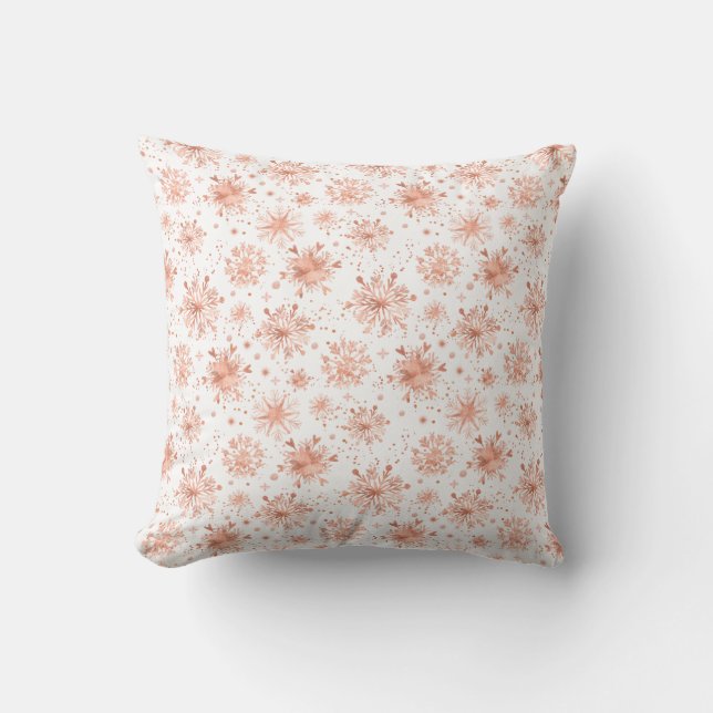 Coussin Flocons de neige en or rose sur fond blanc (Recto)