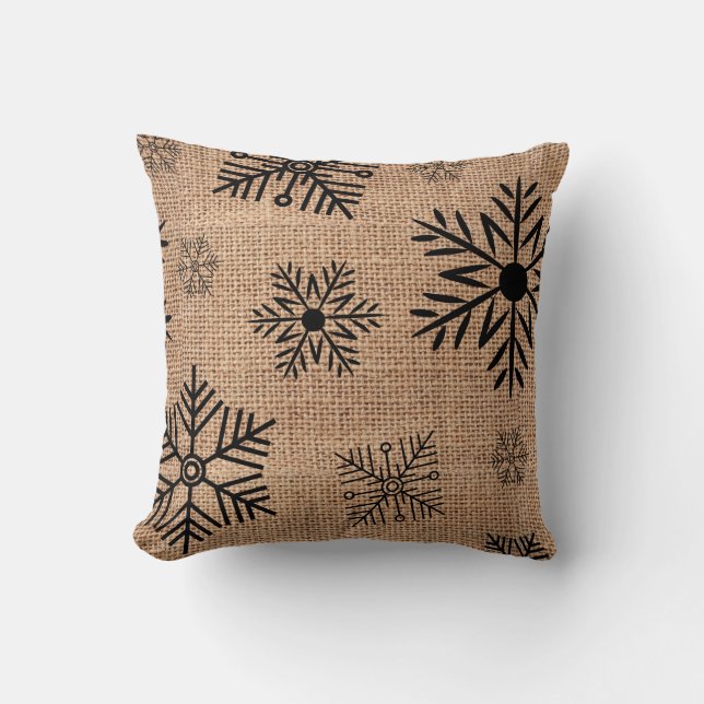 Coussin Flocons de neige noirs sur Noël rustique de toile (Recto)