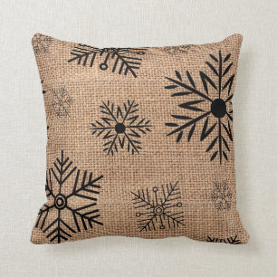 Coussin Flocons de neige noirs sur Noël rustique de toile