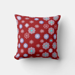 Coussin Flocons de neige vintage sur fond rouge