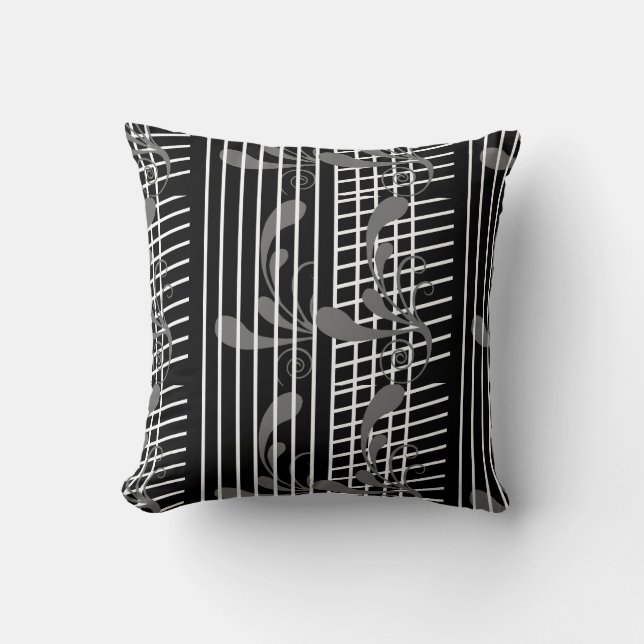 Coussin Flora grise noire, ligne blanche carreau (Recto)