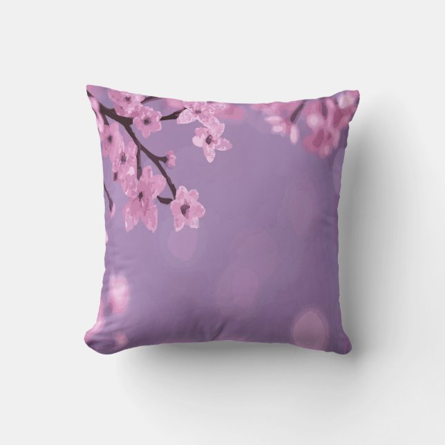 Coussin Floraison de cerisier sur fond violet (Recto)