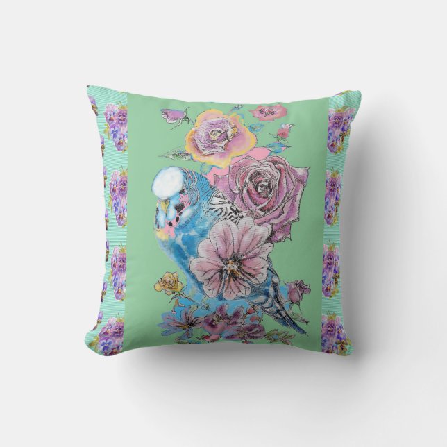 Coussin floral aquarelle rose Budgie Perruche (Recto)