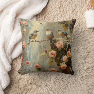 Coussin floral avec oiseaux Rose de cascade Jeter