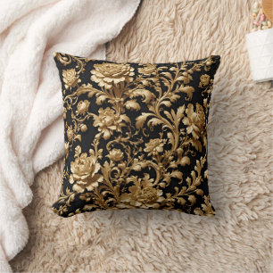 Coussin floral baroque noir et or opulent