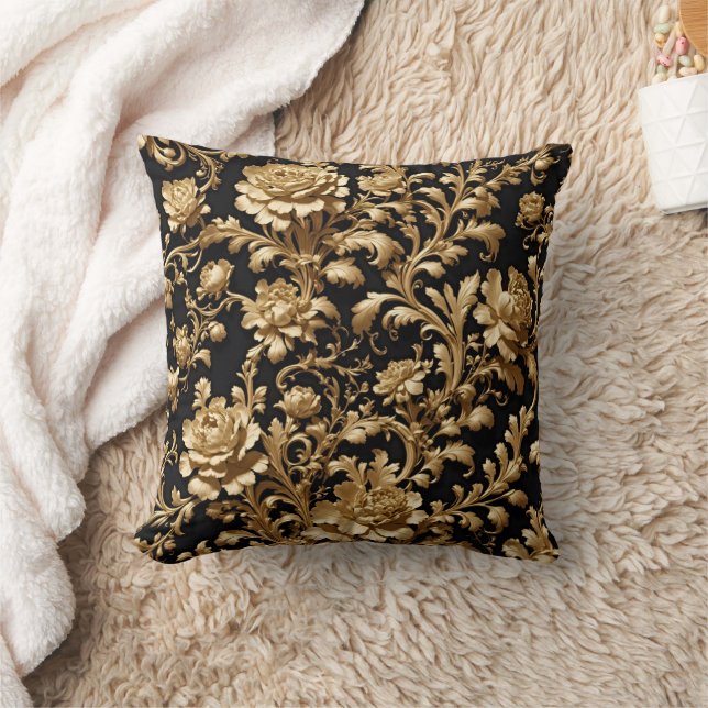 Coussin floral baroque noir et or opulent (Couverture)