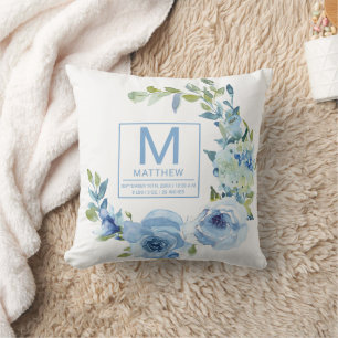 Coussin Floral Bébé Bleu Statistiques de naissance Nouveau