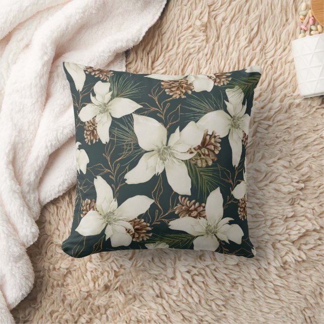 Coussin Floral blanc d'hiver avec cônes de pin (Couverture)