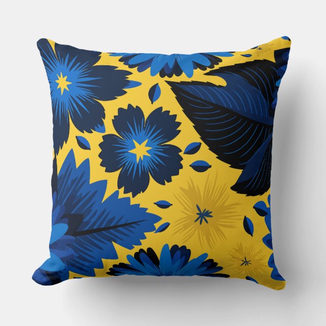 Coussin Floral bleu gras sur Arrière - plan jaune vif (Recto)